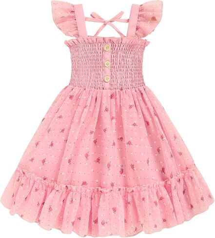 Toddler Girl Floral Smocked Dress, Sleeveless Chiffon A-Line Sundress for Summer Beach Party 2-7Y in Saudi Arabia