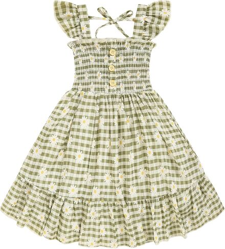 Toddler Girl Floral Smocked Dress, Sleeveless Chiffon A-Line Sundress for Summer Beach Party 2-7Y in Saudi Arabia