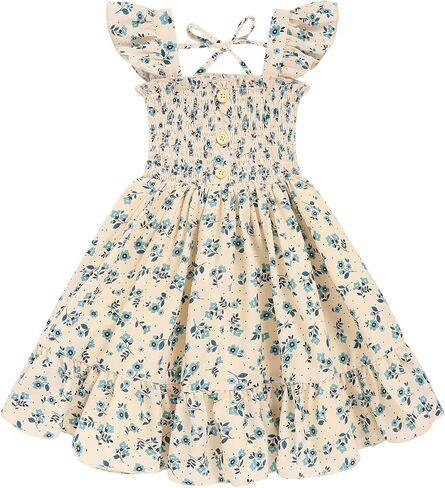 Toddler Girl Floral Smocked Dress, Sleeveless Chiffon A-Line Sundress for Summer Beach Party 2-7Y in Saudi Arabia