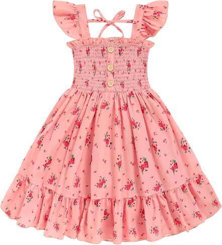 Toddler Girl Floral Smocked Dress, Sleeveless Chiffon A-Line Sundress for Summer Beach Party 2-7Y in Saudi Arabia