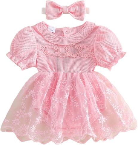 Douhoow Baby Girl Lace Dress Short Sleeve Baby Romper Dress Flowers Mesh Infant Girl Summer Clothes with Headband in Kuwait