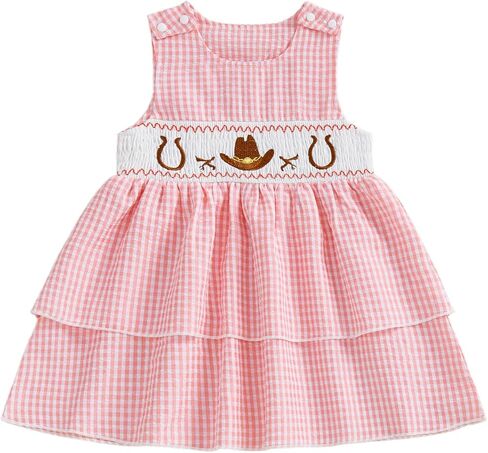 Toddler Baby Girl Smocked Cowgirl Dress Cowboy Hat Embroidery Gingham Sleeveless Tiered Ruffle Dress Western Outfit in Kuwait