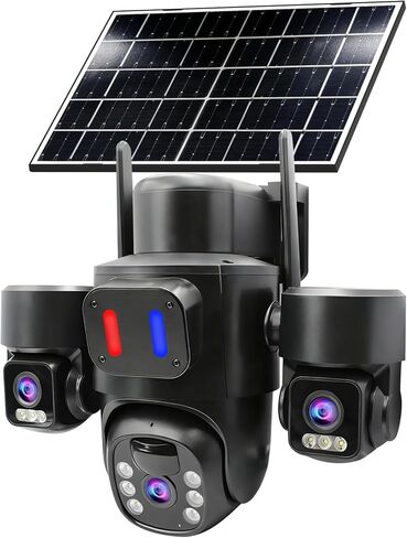 Solar Wireless Security Camera Outdoor for Home Surveillance, Triple-Lens Linkage PTZ 360º Monitoring, 3 * 2MP HD Resolution, Color Night Vision, No Subscription Fee Local Storage in Kuwait