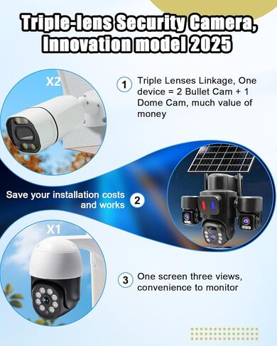 Solar Wireless Security Camera Outdoor for Home Surveillance, Triple-Lens Linkage PTZ 360º Monitoring, 3 * 2MP HD Resolution, Color Night Vision, No Subscription Fee Local Storage in Kuwait