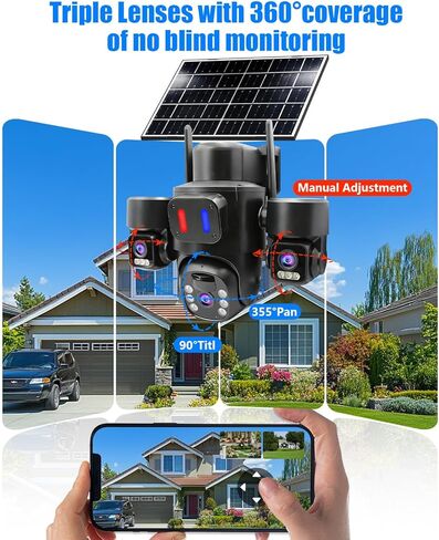 Solar Wireless Security Camera Outdoor for Home Surveillance, Triple-Lens Linkage PTZ 360º Monitoring, 3 * 2MP HD Resolution, Color Night Vision, No Subscription Fee Local Storage in Kuwait