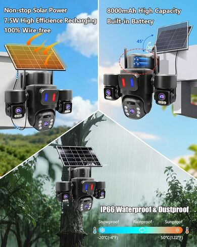 Solar Wireless Security Camera Outdoor for Home Surveillance, Triple-Lens Linkage PTZ 360º Monitoring, 3 * 2MP HD Resolution, Color Night Vision, No Subscription Fee Local Storage in Kuwait