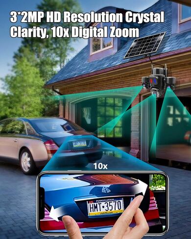 Solar Wireless Security Camera Outdoor for Home Surveillance, Triple-Lens Linkage PTZ 360º Monitoring, 3 * 2MP HD Resolution, Color Night Vision, No Subscription Fee Local Storage in Kuwait