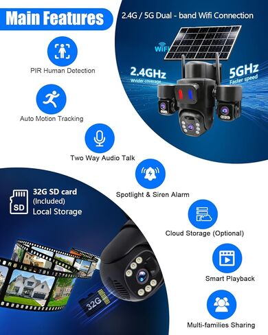 Solar Wireless Security Camera Outdoor for Home Surveillance, Triple-Lens Linkage PTZ 360º Monitoring, 3 * 2MP HD Resolution, Color Night Vision, No Subscription Fee Local Storage in Kuwait
