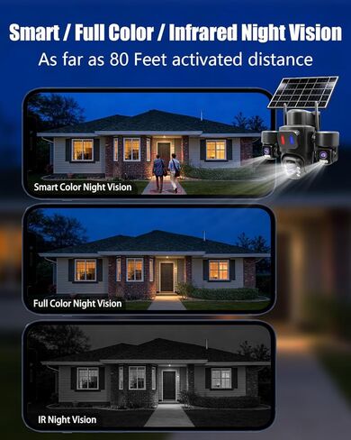 Solar Wireless Security Camera Outdoor for Home Surveillance, Triple-Lens Linkage PTZ 360º Monitoring, 3 * 2MP HD Resolution, Color Night Vision, No Subscription Fee Local Storage in Kuwait