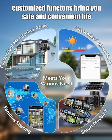 Solar Wireless Security Camera Outdoor for Home Surveillance, Triple-Lens Linkage PTZ 360º Monitoring, 3 * 2MP HD Resolution, Color Night Vision, No Subscription Fee Local Storage in Kuwait