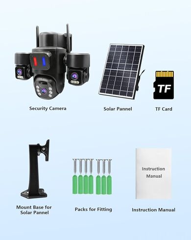 Solar Wireless Security Camera Outdoor for Home Surveillance, Triple-Lens Linkage PTZ 360º Monitoring, 3 * 2MP HD Resolution, Color Night Vision, No Subscription Fee Local Storage in Kuwait
