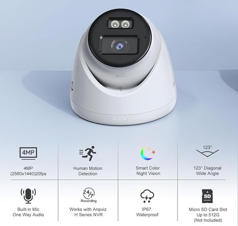 كاميرا Anpviz 4MP سلكية PoE IP مع ميكروفون، كاميرا أمان Turret IP خارجية داخلية، رؤية ليلية ذكية مزدوجة الألوان، كشف الحركة البشرية بالذكاء الاصطناعي، عدسة 2.8 مم، مقاومة للماء IP67، IPC-D3E43WD-S (سلسلة H) in Kuwait