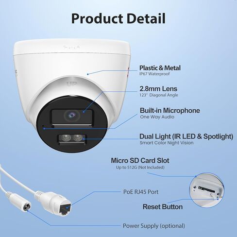 كاميرا Anpviz 4MP سلكية PoE IP مع ميكروفون، كاميرا أمان Turret IP خارجية داخلية، رؤية ليلية ذكية مزدوجة الألوان، كشف الحركة البشرية بالذكاء الاصطناعي، عدسة 2.8 مم، مقاومة للماء IP67، IPC-D3E43WD-S (سلسلة H) in Kuwait