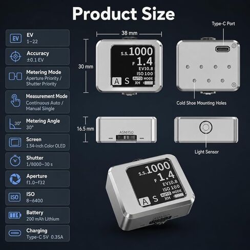 TsoLay Light Meter for Cameras, Film Camera Photometer with OLED Screen, Adjustable ISO Aperture and Shutter Speed, Ultra-Compact & Rechargeable for Vintage Camer in Saudi Arabia
