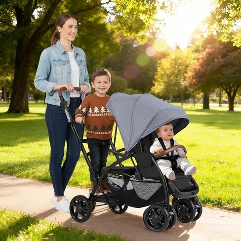INFANS Sit and Stand Double Stroller, Foldable Tandem with Standing Platform Reclining Backrest, Adjustable Handlebar and Footrest, Storage Basket 5-Point Harnesses, Baby Pushchair for Toddlers in Saudi Arabia