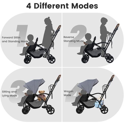 INFANS Sit and Stand Double Stroller, Foldable Tandem with Standing Platform Reclining Backrest, Adjustable Handlebar and Footrest, Storage Basket 5-Point Harnesses, Baby Pushchair for Toddlers in Saudi Arabia