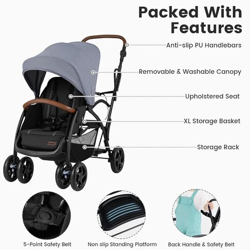 INFANS Sit and Stand Double Stroller, Foldable Tandem with Standing Platform Reclining Backrest, Adjustable Handlebar and Footrest, Storage Basket 5-Point Harnesses, Baby Pushchair for Toddlers in Saudi Arabia