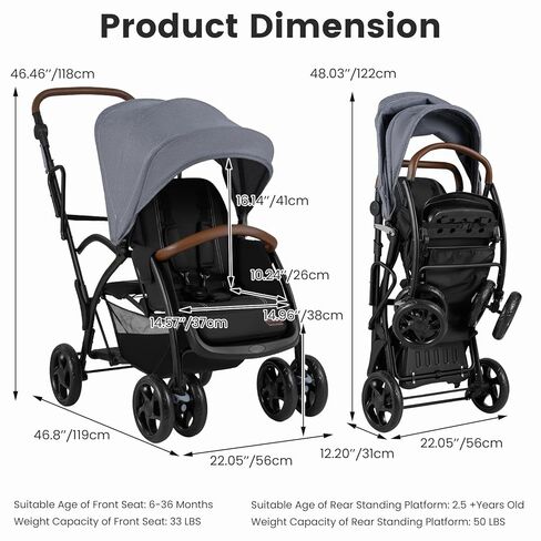 INFANS Sit and Stand Double Stroller, Foldable Tandem with Standing Platform Reclining Backrest, Adjustable Handlebar and Footrest, Storage Basket 5-Point Harnesses, Baby Pushchair for Toddlers in Saudi Arabia