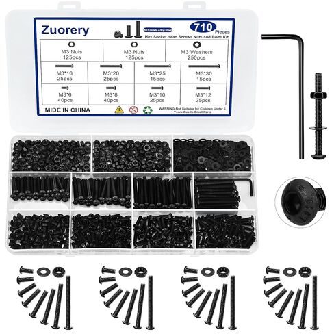 Zuorery 1230PCS Metric Screw Assortment Kit, M2 M3 M4 M5 12.9 Grade Alloy Steel, Hex Button Socket Head Cap Screws Nuts and Washers Assortment, Black Zinc Palted, Anti Rust Upgrade in Kuwait