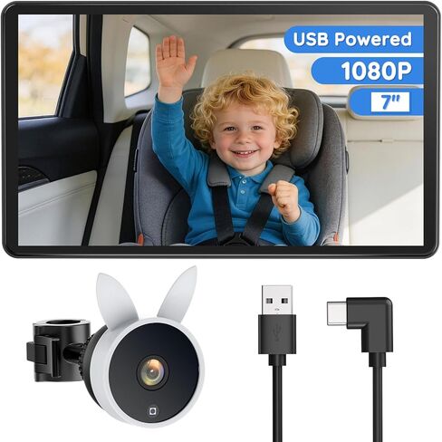 كاميرا سيارة للأطفال Babyvue BV4 مقاس 7 بوصات، شاشة IPS بدقة 1080 بكسل، رؤية ليلية تلقائية بالأشعة تحت الحمراء، قابس وتشغيل يعمل بمنفذ USB لمراقبة الأطفال في المقعد الخلفي، سطوع قابل للتعديل، يجب اقتناؤه للآباء الجدد ومحبي الحيوانات الأليفة in Kuwait