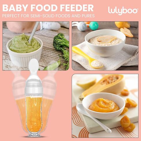 Lulyboo Baby Feeding Essentials Squeeze Baby Food Dispenser & Self-Feeding Spoon-One-Handed, Mess-Free, BPA-Free, Pureed & Semi-Solid Food Feeder, Portable, Dishwasher Safe, Ideal for Teething Babies in Kuwait