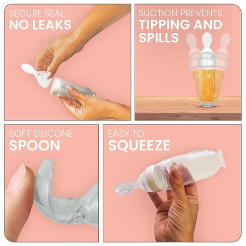 Lulyboo Baby Feeding Essentials Squeeze Baby Food Dispenser & Self-Feeding Spoon-One-Handed, Mess-Free, BPA-Free, Pureed & Semi-Solid Food Feeder, Portable, Dishwasher Safe, Ideal for Teething Babies in Kuwait