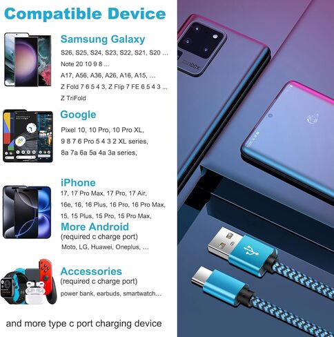 حزمة من 2 كابل USB سريع النوع C كابل شحن الهاتف ل سامسونج جالاكسي Z فولد3/2 5G ، Z Flip3 5G ، S21 الترا 5G S21+ S20 FE 5G S20 Ultra S10 S9 S8 Plus Note 20 Ultra 10 9 8، A52 A42 A32 A71 A71 51 in Kuwait