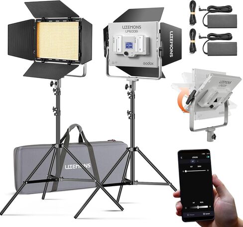 Godox Litemons LP600Bi 60W ثنائي اللون LED لوحة إضاءة 2 طقم إضاءة، عبوتان مع حامل إضاءة، حقيبة حمل، طاقة البطارية، 2800-6500K، 9020lux@0.5m، التحكم في التطبيق لتسجيل فيديو YouTube، البث المباشر in Kuwait