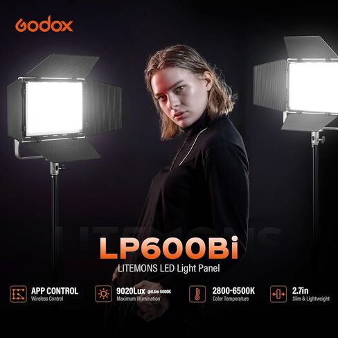 Godox Litemons LP600Bi 60W ثنائي اللون LED لوحة إضاءة 2 طقم إضاءة، عبوتان مع حامل إضاءة، حقيبة حمل، طاقة البطارية، 2800-6500K، 9020lux@0.5m، التحكم في التطبيق لتسجيل فيديو YouTube، البث المباشر in Kuwait