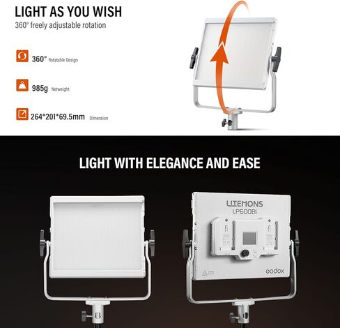 Godox Litemons LP600Bi 60W ثنائي اللون LED لوحة إضاءة 2 طقم إضاءة، عبوتان مع حامل إضاءة، حقيبة حمل، طاقة البطارية، 2800-6500K، 9020lux@0.5m، التحكم في التطبيق لتسجيل فيديو YouTube، البث المباشر in Kuwait