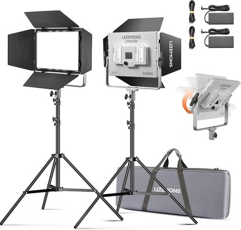 Godox Litemons LP600Bi 60W ثنائي اللون LED لوحة إضاءة 2 طقم إضاءة، عبوتان مع حامل إضاءة، حقيبة حمل، طاقة البطارية، 2800-6500K، 9020lux@0.5m، التحكم في التطبيق لتسجيل فيديو YouTube، البث المباشر in Kuwait