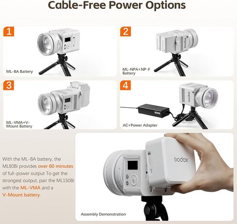 مصباح فيديو Godox ML150Bi LED، 2800-6500K ثنائي اللون محمول باليد، مصباح LED أحادي اللون، 61054Lux CRI/TLCI 97+، أوضاع 11FX، التحكم في التطبيق (150، واط) in Kuwait