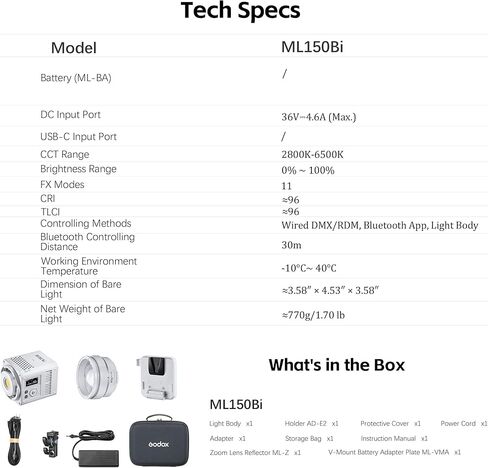 مصباح فيديو Godox ML150Bi LED، 2800-6500K ثنائي اللون محمول باليد، مصباح LED أحادي اللون، 61054Lux CRI/TLCI 97+، أوضاع 11FX، التحكم في التطبيق (150، واط) in Kuwait