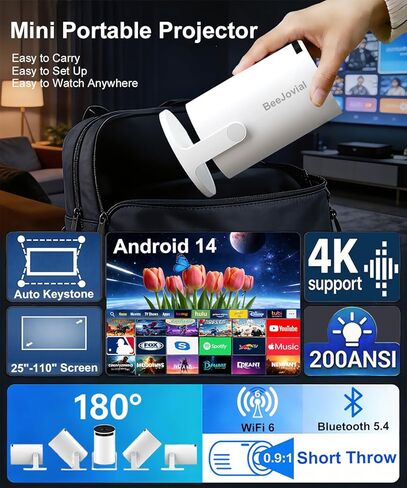 Netflix-Licensed Mini Projector WiFi and Bluetooth: Native 1080P Full HD Portable Projector - Auto Focus Movie Projector for Android iPhone TV HDMI in Saudi Arabia