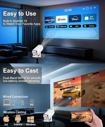 Netflix-Licensed Mini Projector WiFi and Bluetooth: Native 1080P Full HD Portable Projector - Auto Focus Movie Projector for Android iPhone TV HDMI in Saudi Arabia