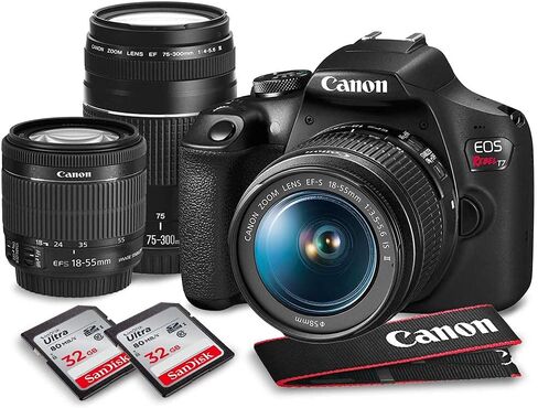 كاميرا Canon T7 EOS Rebel DSLR مع طقم عدسات 18-55 مم و75-300 مم وحزمة ملحقات بطاقة SD مزدوجة سعة 32 جيجابايت (متجددة) in Kuwait