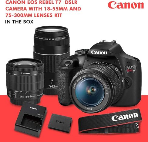 كاميرا Canon T7 EOS Rebel DSLR مع طقم عدسات 18-55 مم و75-300 مم وحزمة ملحقات بطاقة SD مزدوجة سعة 32 جيجابايت (متجددة) in Kuwait