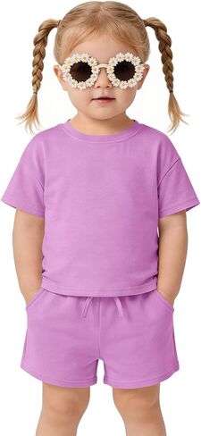 Haloumoning Toddler Baby Girl 2 Piece Summer Outfits Little Kids Short Sleeve T-Shirts and Shorts Set 9M-8Y in Kuwait