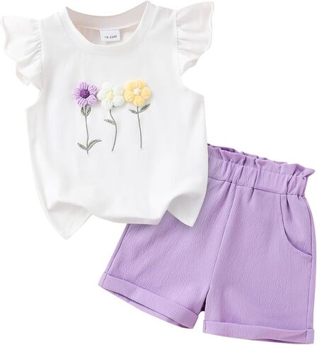 Toddler Baby Girl Summer Outfit Flutter Sleeve Floral T-shirt Top + Chiffon Shorts 2Pcs Set in Saudi Arabia