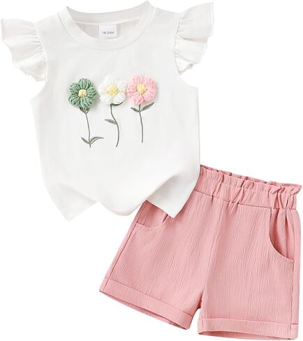 Toddler Baby Girl Summer Outfit Flutter Sleeve Floral T-shirt Top + Chiffon Shorts 2Pcs Set in Saudi Arabia