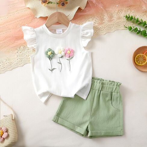 Toddler Baby Girl Summer Outfit Flutter Sleeve Floral T-shirt Top + Chiffon Shorts 2Pcs Set in Saudi Arabia