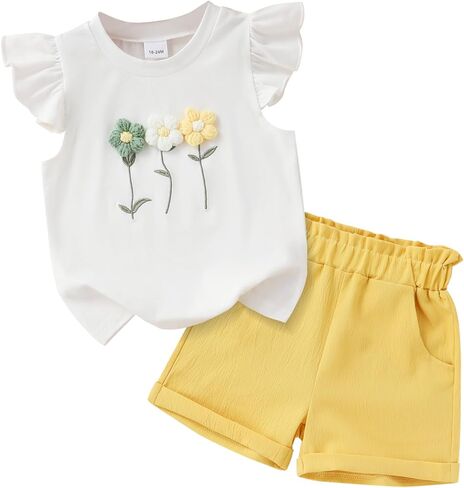 Toddler Baby Girl Summer Outfit Flutter Sleeve Floral T-shirt Top + Chiffon Shorts 2Pcs Set in Saudi Arabia