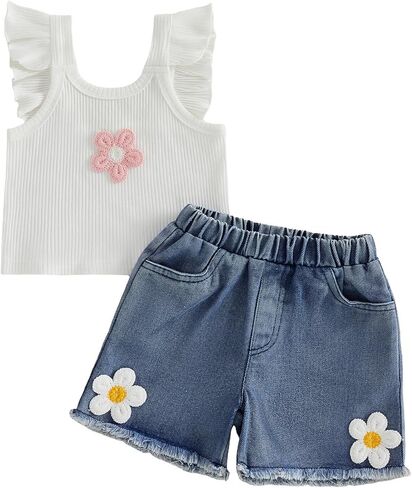 FYBITBO Toddler Little Girls Denim Shorts Outfit Ribbed Flower Tank Tops Flutter Sleeve Shirt Jean Shorts Summer Clothes Set in Kuwait