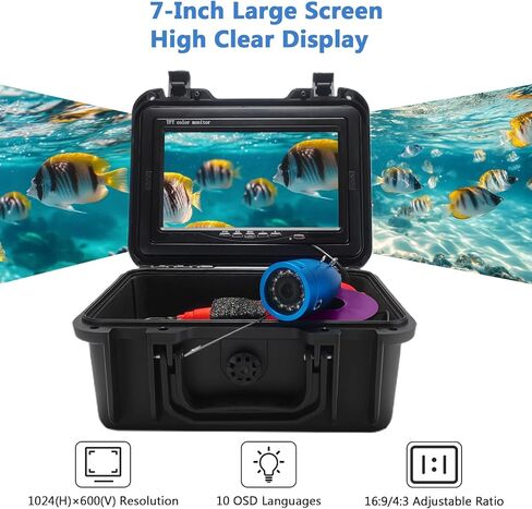 Buachois Underwater Fish Camera, Portable 7 Inch IPS Screen 1024x600 Resolution 1000TVL Camera 10000mAh Battery for Ice Fishing Underwater Fishing Freshwater Saltwater in Kuwait