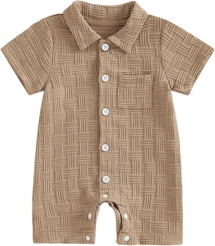 Newborn Baby Boy Summer Clothes Texture Button Down Shirt Romper One-Piece Jumpsuit Short Sleeve Collared Bodysuit in Kuwait