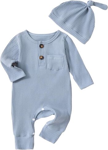 Newborn Baby Boy Girl Clothes Infant One Piece Rompers Solid Ribbed Knit Hat Long Sleeve Outfits,Blue,Preemie in Kuwait