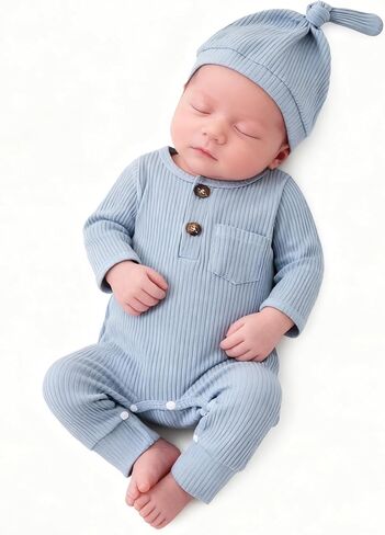 Newborn Baby Boy Girl Clothes Infant One Piece Rompers Solid Ribbed Knit Hat Long Sleeve Outfits,Blue,Preemie in Kuwait