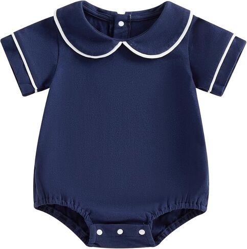 Newborn Baby Boy Girl Clothes Short Sleeve Solid Bubble Romper Doll Collar Bodysuit Shirt Summer Outfit 0-18M in Kuwait