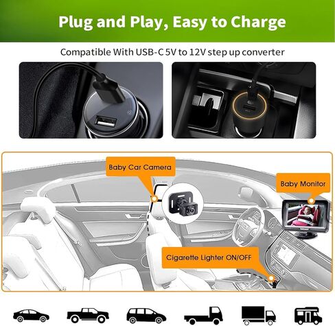 كابل محول USB لكاميرا سيارة الطفل، كابل مراقبة كاميرا سيارة الطفل (النوع ج) محول سلك DC5521 إلى USB c 12 فولت يدعم فقط منفذ ولاعة السجائر (6.6 قدم/2 متر) in Kuwait