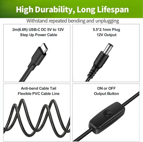 كابل محول USB لكاميرا سيارة الطفل، كابل مراقبة كاميرا سيارة الطفل (النوع ج) محول سلك DC5521 إلى USB c 12 فولت يدعم فقط منفذ ولاعة السجائر (6.6 قدم/2 متر) in Kuwait